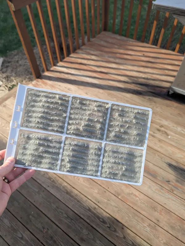 A person holds a clear, compartmentalized tray containing multiple small sections filled with light-colored, granular material