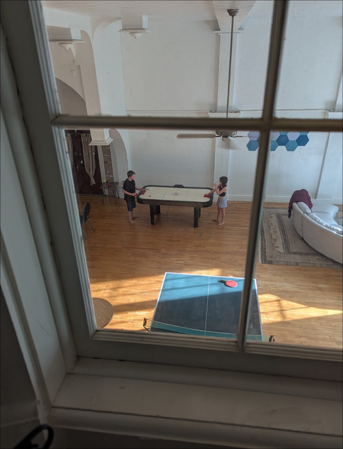 Kids playing in the warehouse of the cedar beach inn
