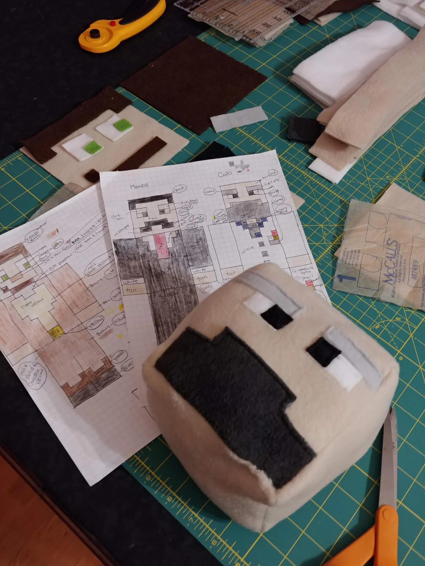Fabric face piece beside paper patterns on a cutting table