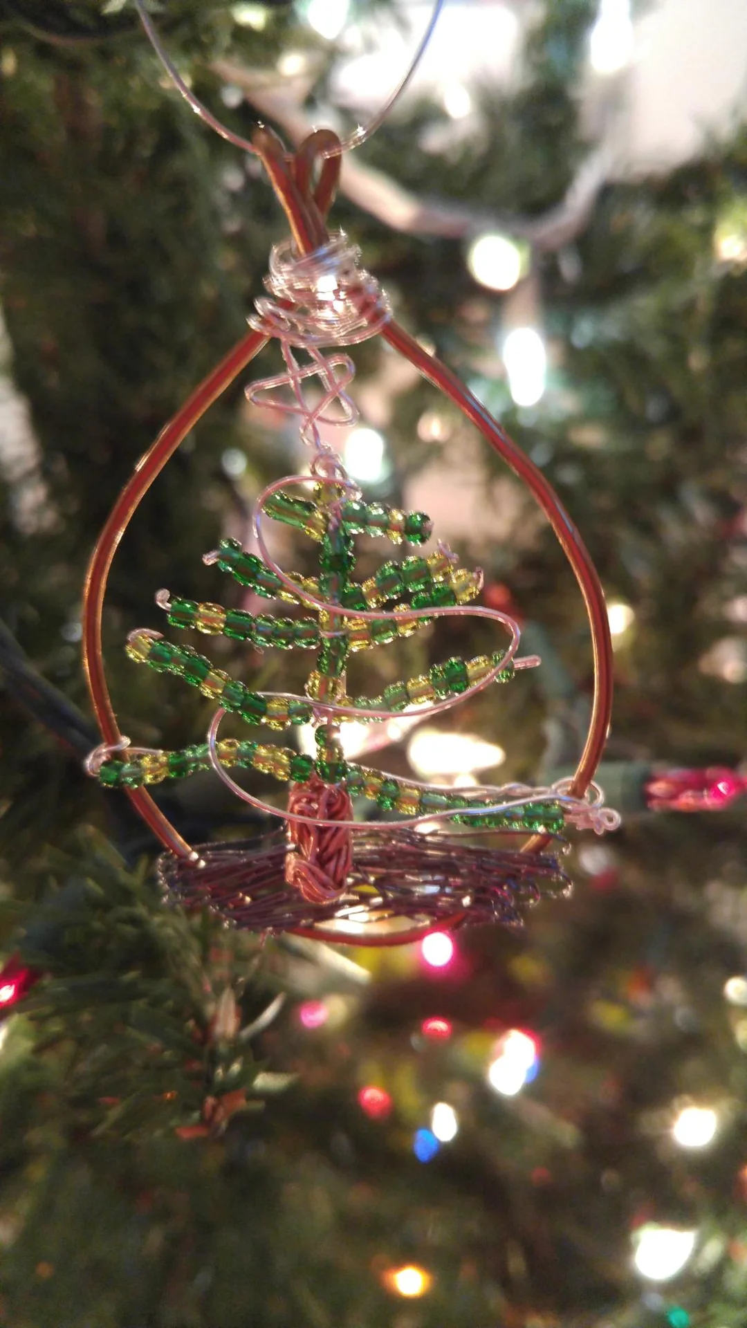 Wire Christmas tree ornament with green beads