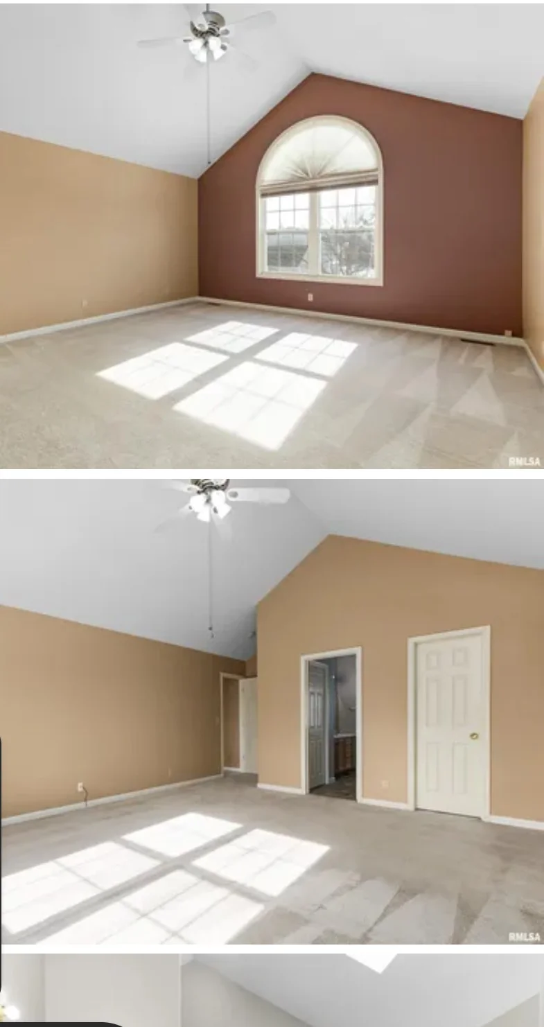 Two views of an empty room with an arched window
