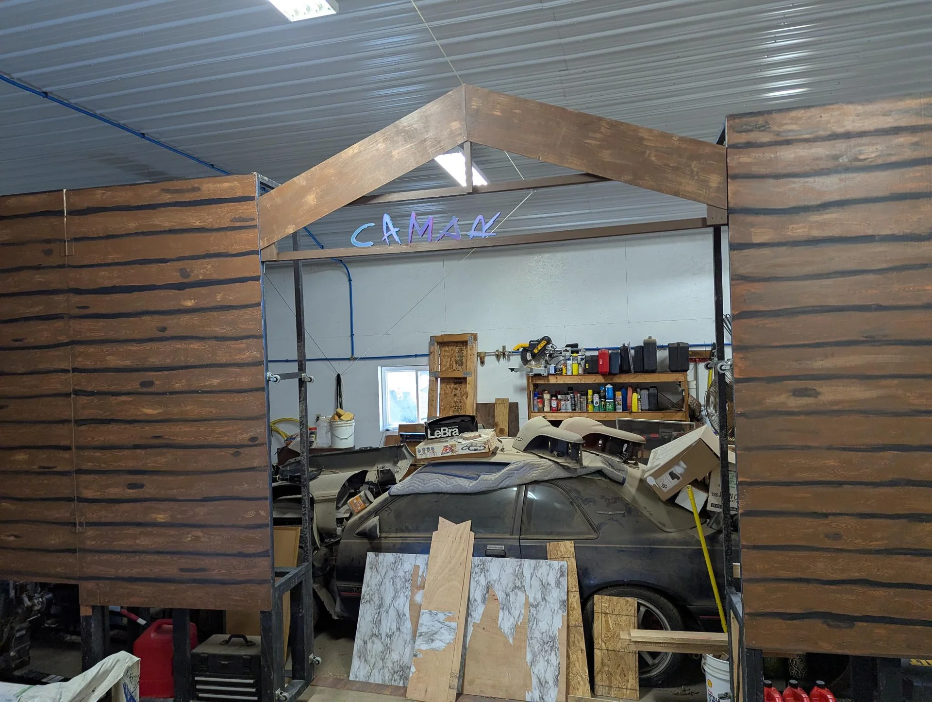 Wooden frame under construction in a garage